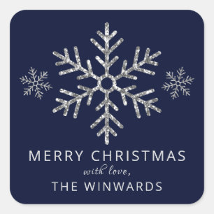 Sticker Carré Vacances Parties scintillant bleu et argent Flocon