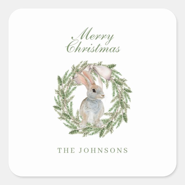Sticker Carré Vacances Wreath Bow Adorable Lapin Lapin Noël (Devant)