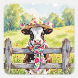 Sticker Carré Vache à l'aquarelle portant un chapeau d'été
