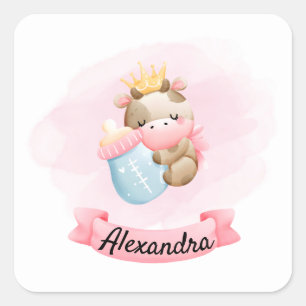 Sticker Carré Vache bébé en rose et couronne  