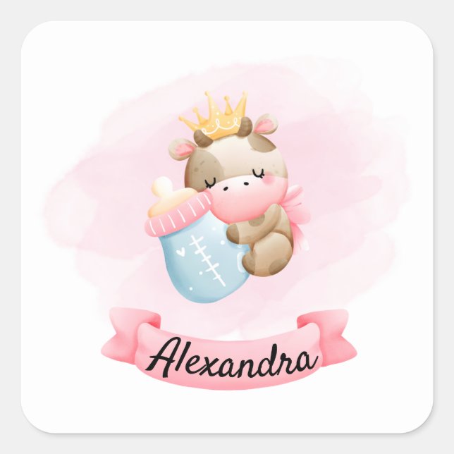 Sticker Carré Vache bébé en rose et couronne   (Devant)