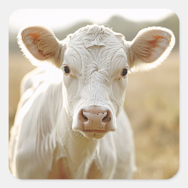 Sticker Carré Vache blanche en champ de ferme (Devant)