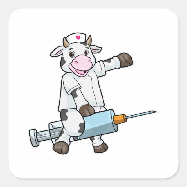 Sticker Carré Vache comme infirmière avec coeur et seringue (Devant)