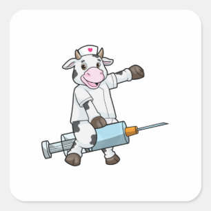 Sticker Carré Vache comme infirmière avec coeur et seringue