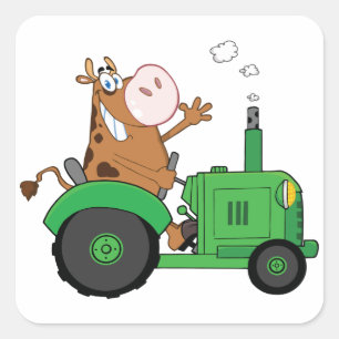 Sticker Carré Vache Conduisant Un Tracteur