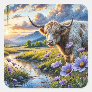 Sticker Carré Vache croisée Highland/Longhorn dans un paysage fl