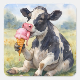 Sticker Carré Vache d'aquarelle lèche un cône de glace