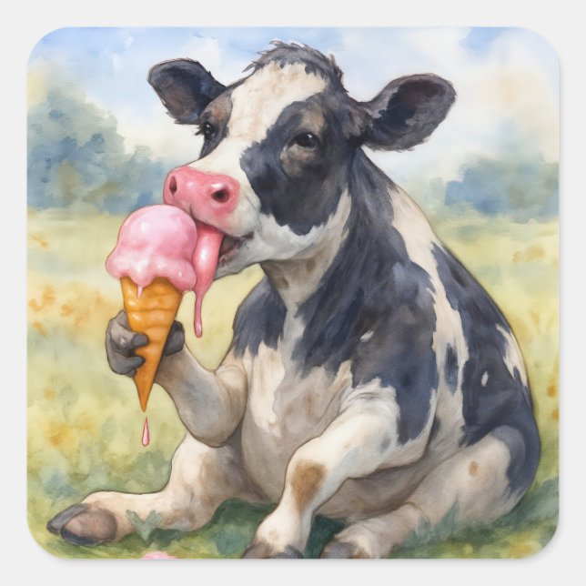 Sticker Carré Vache d'aquarelle lèche un cône de glace (Devant)