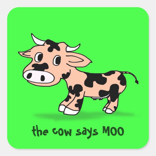 Sticker Carré Vache de dessin sur vert avec Moo (Devant)