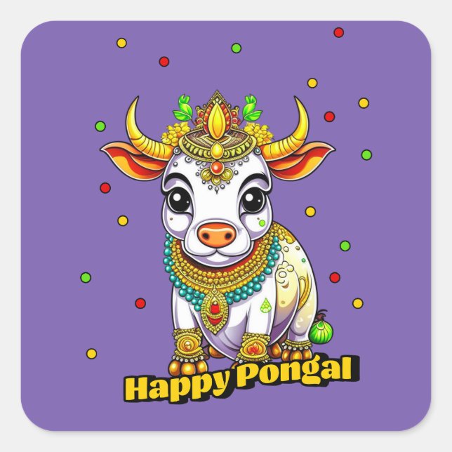 Sticker Carré Vache décorée Kawaii Pongal (Devant)