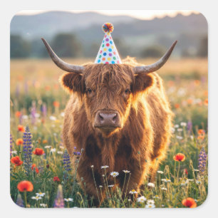 Sticker Carré Vache des Highlands avec chapeau de fête d'anniver