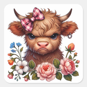 Sticker Carré Vache des Highlands grumpy drôle Florale