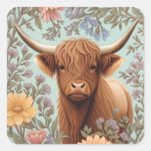 Sticker Carré Vache des Highlands Pastel Floral Inspiré de Willi