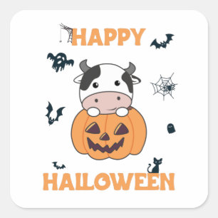 Sticker Carré Vache En Vaches mignonnes Citrouilles Bonne Hallow