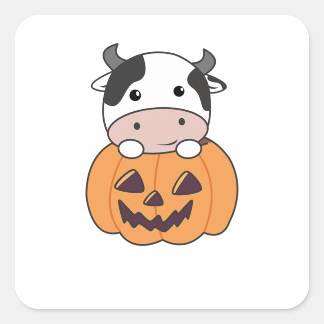 Sticker Carré Vache En Vaches mignonnes Citrouilles Bonne Hallow (Devant)