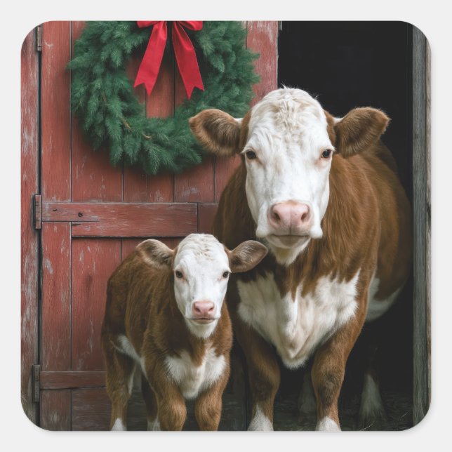 Sticker Carré Vache et veau Hereford de Noël (Devant)