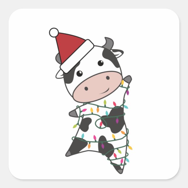 Sticker Carré Vache Fée de Noël Lights mignonne Animaux pour enf (Devant)
