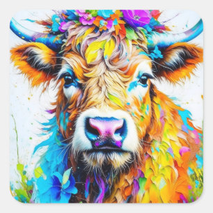 Sticker Carré Vache Florale Highland