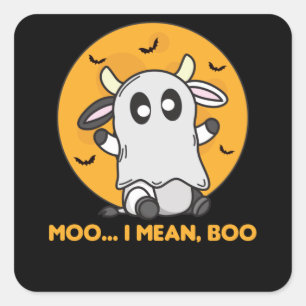 Sticker Carré Vache Ghost Cute Kawaii Halloween Moo I Mean Boo