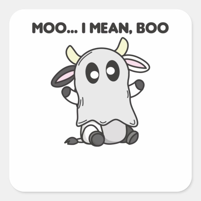 Sticker Carré Vache Ghost Cute Kawaii Halloween Moo I Mean Boo (Devant)