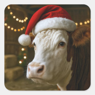 Sticker Carré Vache Hereford de Noël portant un chapeau de Père