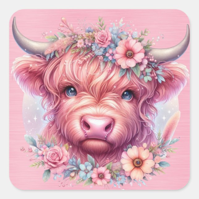 Sticker Carré Vache Highland avec tête Rose (Devant)