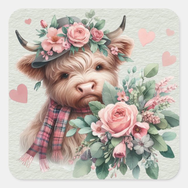 Sticker Carré Vache Highland avec tête Rose Bouquet Valentine (Devant)