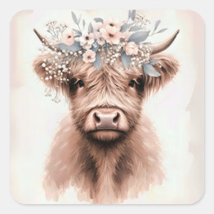 Sticker Carré Vache Highland Bohème avec couronne de mariée flor