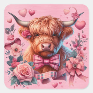 Sticker Carré Vache Highland Entourée De Jolies Fleurs