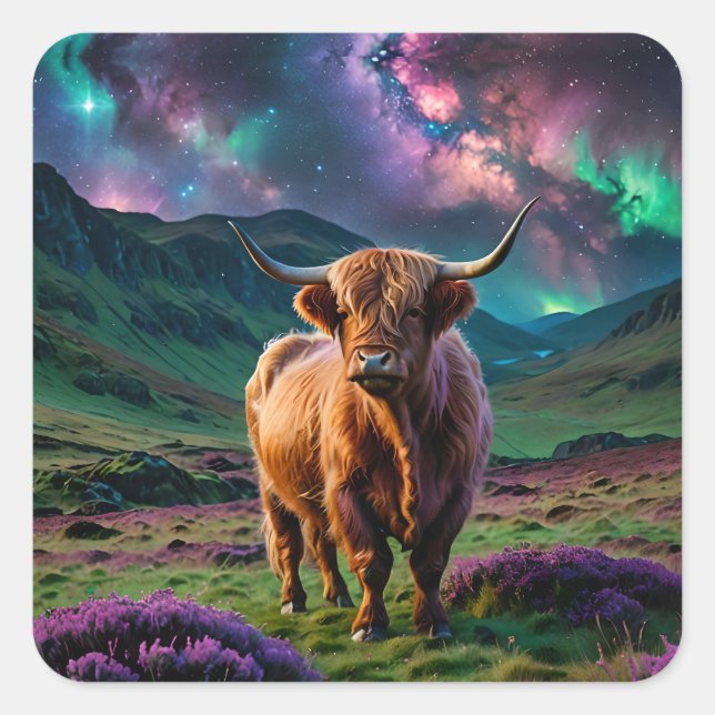 Sticker Carré Vache Highland sous les étoiles (Devant)