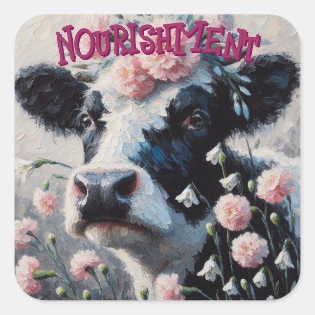 Sticker Carré Vache Holstein dans des fleurs de carnation rose v (Devant)
