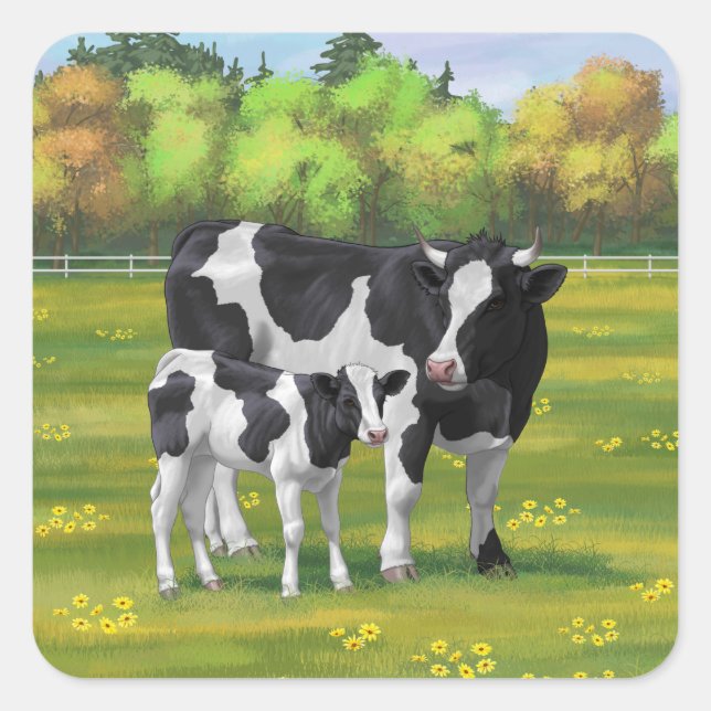 Sticker Carré Vache Holstein et veau mignon en pâturage d'été (Devant)