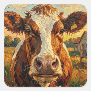 Sticker Carré Vache Impasto Mignonne sur une Ferme Blanche