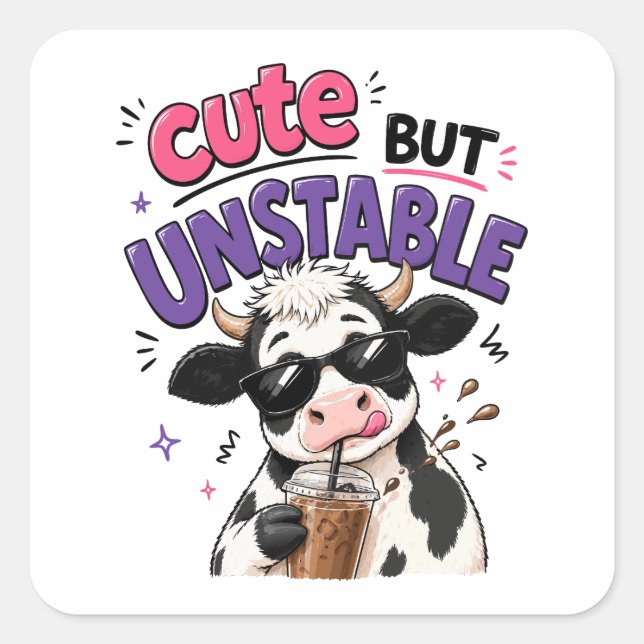 Sticker Carré Vache mignonne mais instable avec café glacé (Devant)