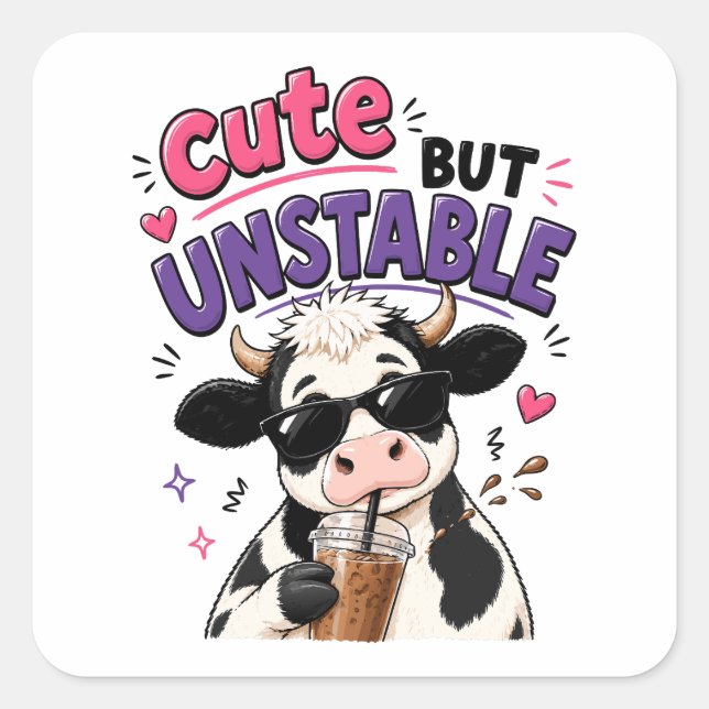 Sticker Carré Vache mignonne mais instable avec café glacé (Devant)