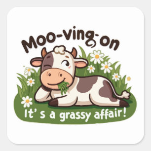 Sticker Carré Vache mignonne Manger de l'herbe