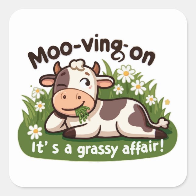 Sticker Carré Vache mignonne Manger de l'herbe (Devant)