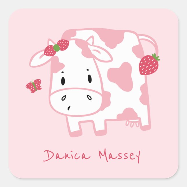 Sticker Carré Vache mûre de fraise et papillon | Nom (Devant)