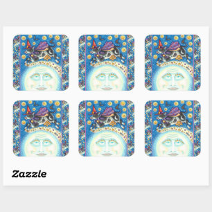 STICKER CARRÉ VACHE SUR L'HOMME DANS LA LUNE, ROUGE COLORÉ