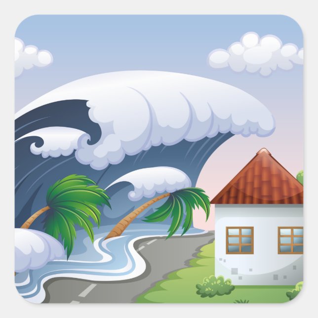 Sticker Carré Vague de tsunami frappant la route côtière tempête (Devant)