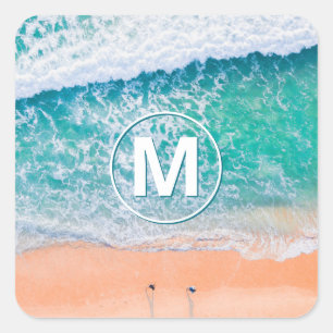 Sticker Carré Vagues de plage, monogramme blanc dans un cercle