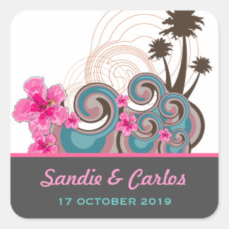 Sticker Carré Vagues tropicales Hibiscus rose Destination Mariag