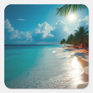 Sticker Carré Vagues tropicales Plage ciel bleu nuageux