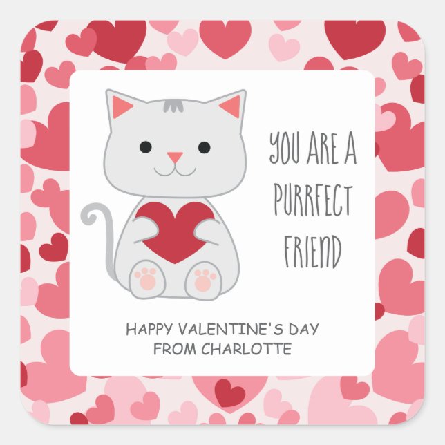 Sticker Carré Valentine de la classe de chat ami parfait (Devant)
