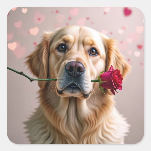 Sticker Carré Valentine Golden Retriers Avec Rose Rouge (Devant)