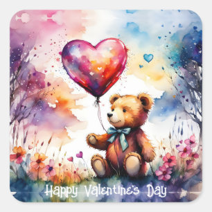 Sticker Carré Valentine Teddy Bear avec ballon cardiaque