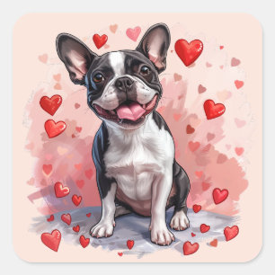 Sticker Carré Valentines Day Boston Terrier Dog
