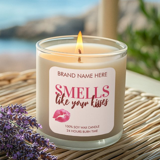 Sticker Carré Valentine's Day Kisses Custom Pink Candle Label (Créateur téléchargé)
