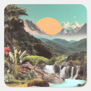Sticker Carré Vallée tropicale surréaliste avec cascades