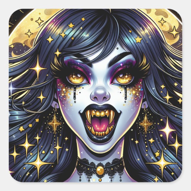 Sticker Carré Vampire avec Gold Fangs Pleine lune Halloween Part (Devant)